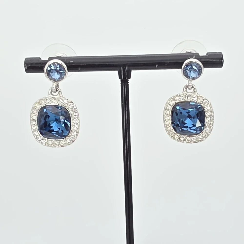 New! GIVENCHY Earrings SWAROVSKI Crystals Blue & Clear‎ Silver Plate Dangle Drop